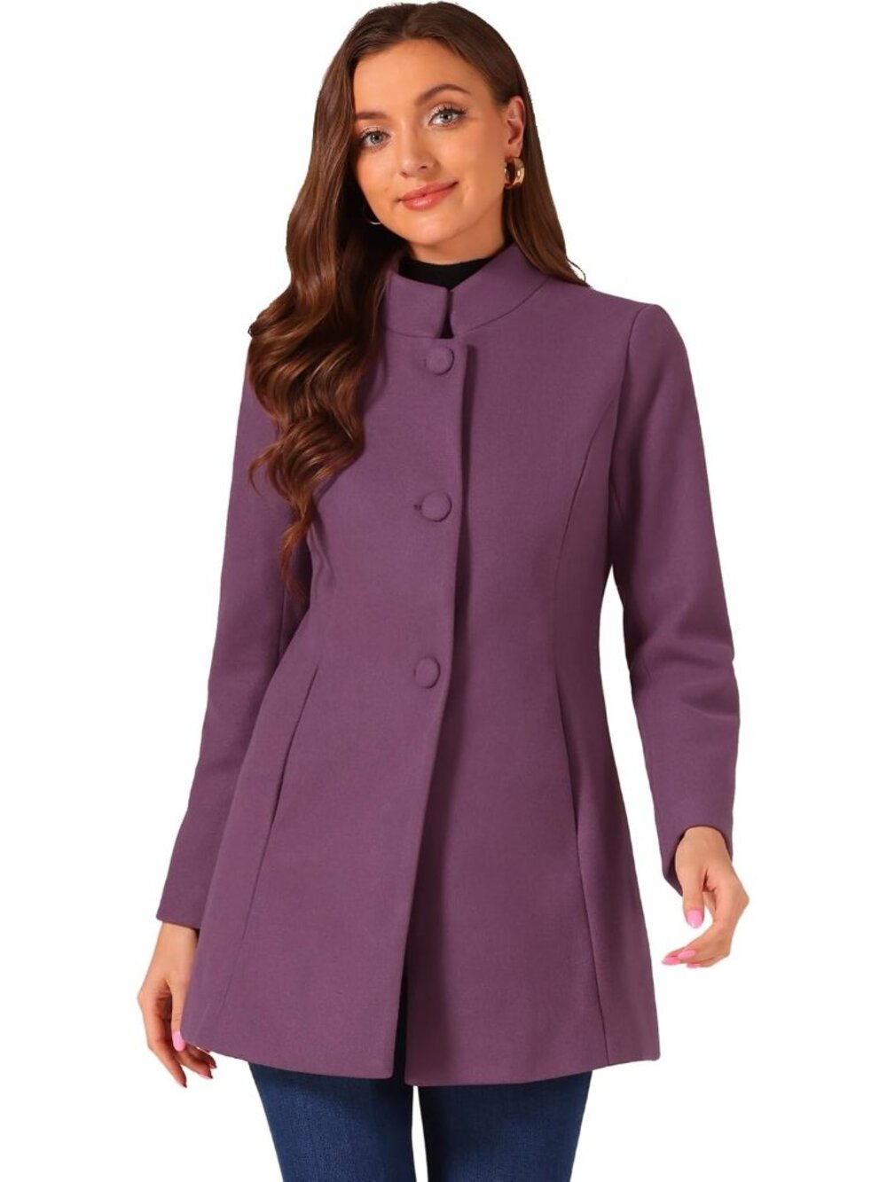 Women's Light Purple Mid-long Stand Collar Single Breasted Loose Fit Trench Coat